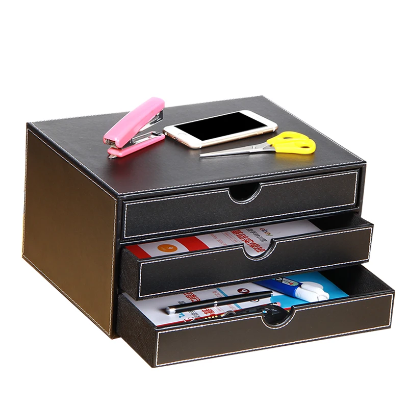 Executive Black Leatherette 3 Drawers File Cabinet / Office Supplies Desk Storage / Jewelry Organizer Box