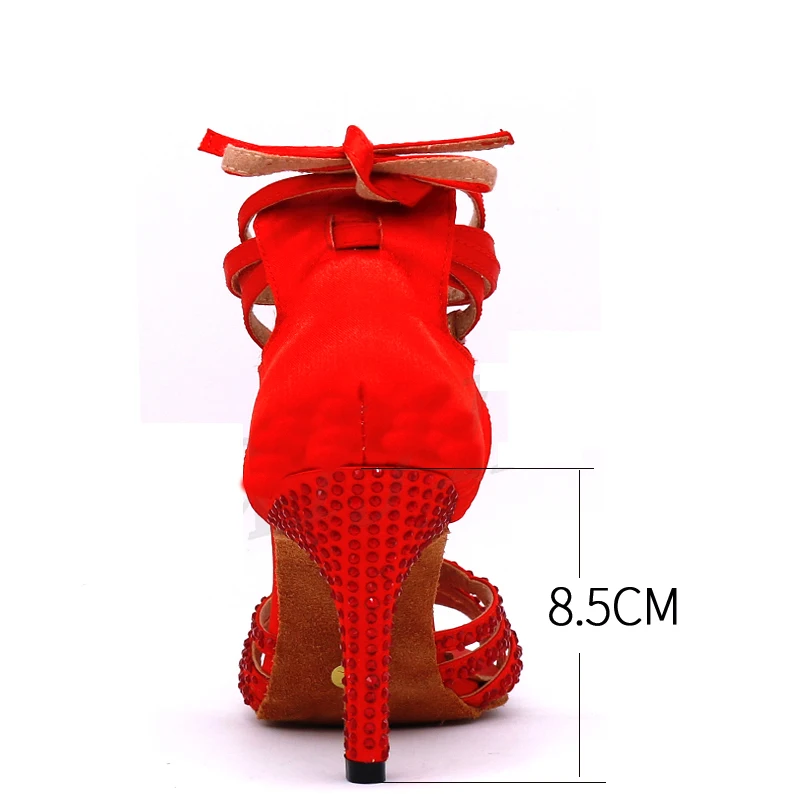 Spot Hot sale Ladies Latin Dance Shoes High Heels Salsa Dancing Red Satin Rhinestone Style Shoes Heel 10cm