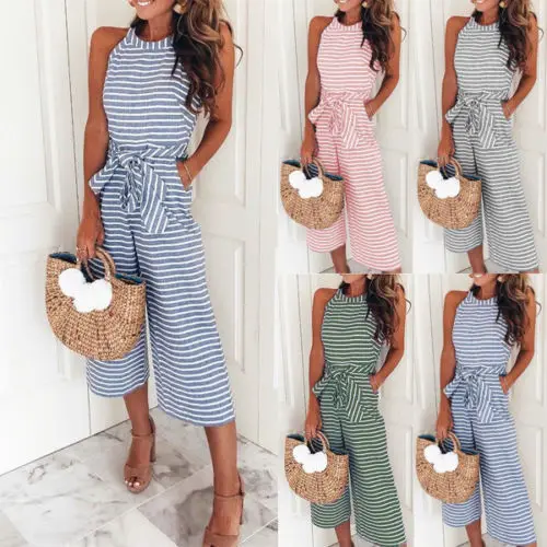 

Ladies Women Striped Bow Clubwear Playsuit Bodysuit Party Overall Jumpsuit Strappy Romper Sleeveless Long Trousers Newest, As show