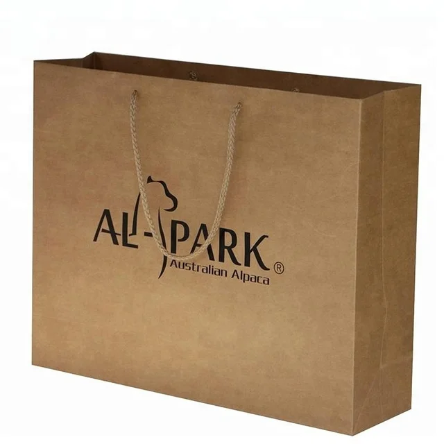 logo brown kraft paper bags with pp rope handle top quality