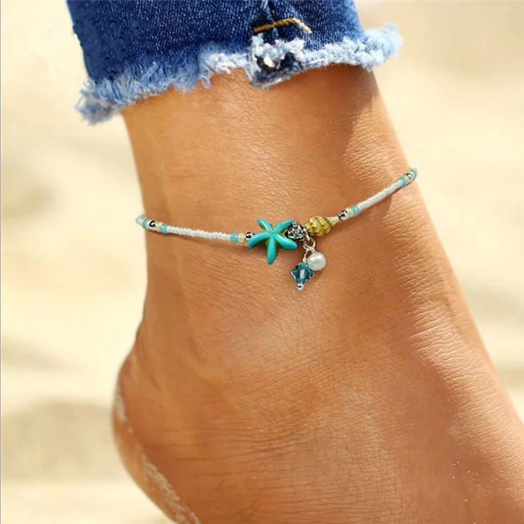 

Fashion Anklet Jewelry Handmade Starfish Turtle Anklet Turquoise Pearl Beach Anklet Foot Chain for Women, As the picturs