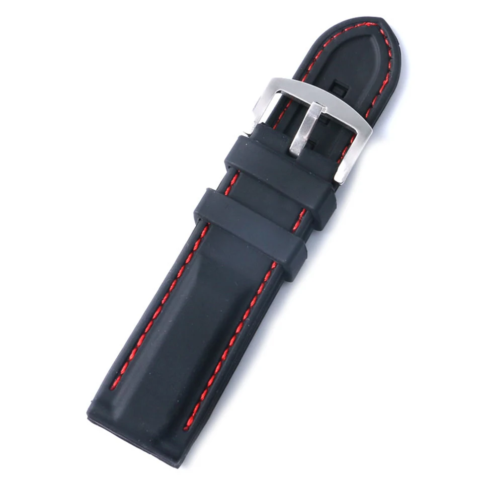 22MM 24MM Watchband Military Bracelet Ourdoor Red Line Stitching Sport Rubber Black Silicone Soft Waterproof Watch Strap Band  (12)