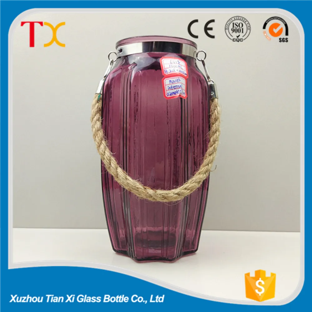 Country style purple hanging glass vase with rope handle decoration