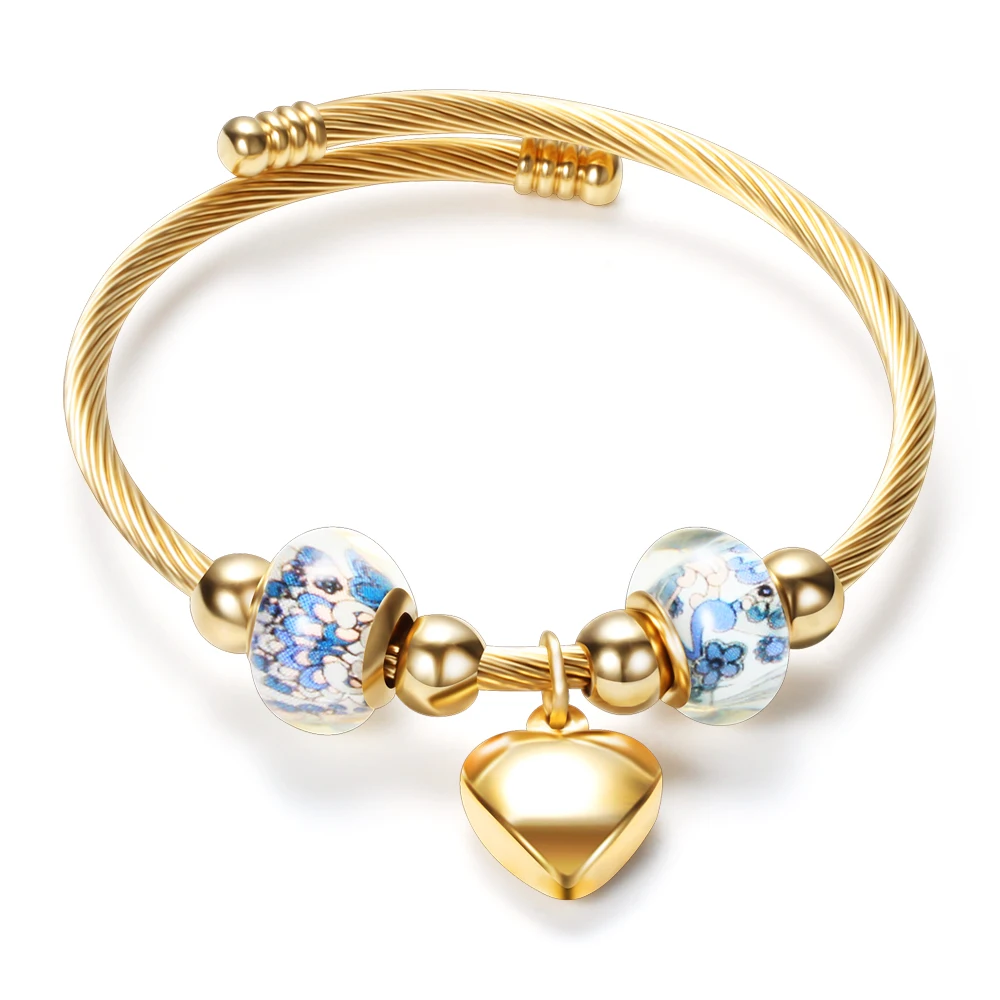 Hot Sale Bead Bracelets 18K Gold Plated Ceramic Beads Heart Shaped Cable Titanium Steel Bangle for Women
Hot Sale Bead Bracelets 18K Gold Plated Ceramic Beads Heart Shaped Cable Titanium Steel Bangle for Women