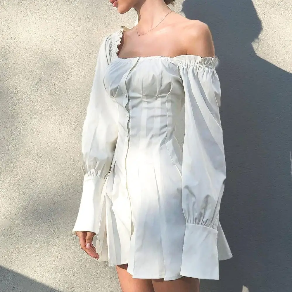 New Trendy sexy off-shoulder frill summer tops office lady white shirt dress puffy sleeves mini skirt design skirts and blouse, Picture
New Trendy sexy off-shoulder frill summer tops office lady white shirt dress puffy sleeves mini skirt design skirts and blouse, Picture