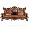 luxury Italian classic style cherry color genuine leather wooden carved living room furniture sofa sets