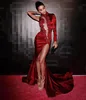 Sexy Burgundy Mermaid Lady Evening Dress High Collar One Long Sleeve Applique Prom Gowns Red Carpet Dresses