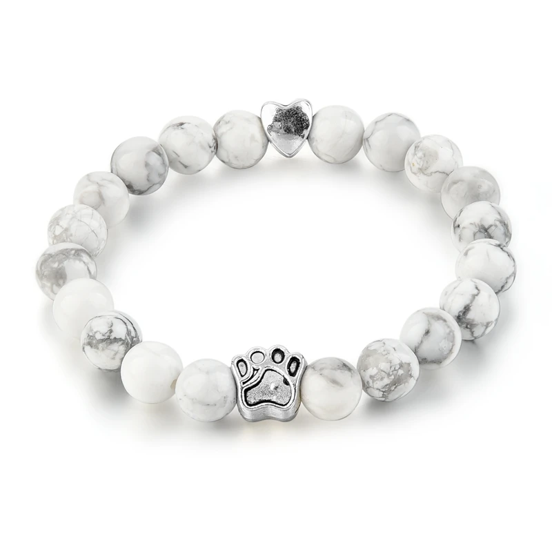 

Hot Sale 8mm Natural Howlite Marble Stone Silver Dog Paw And Heart Charm Bracelet, White