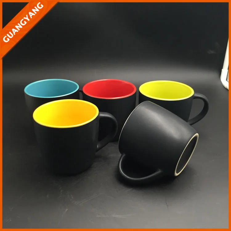 zibo cheap matte finish black ceramic coffee mug with color inside printed mugs for promotion
