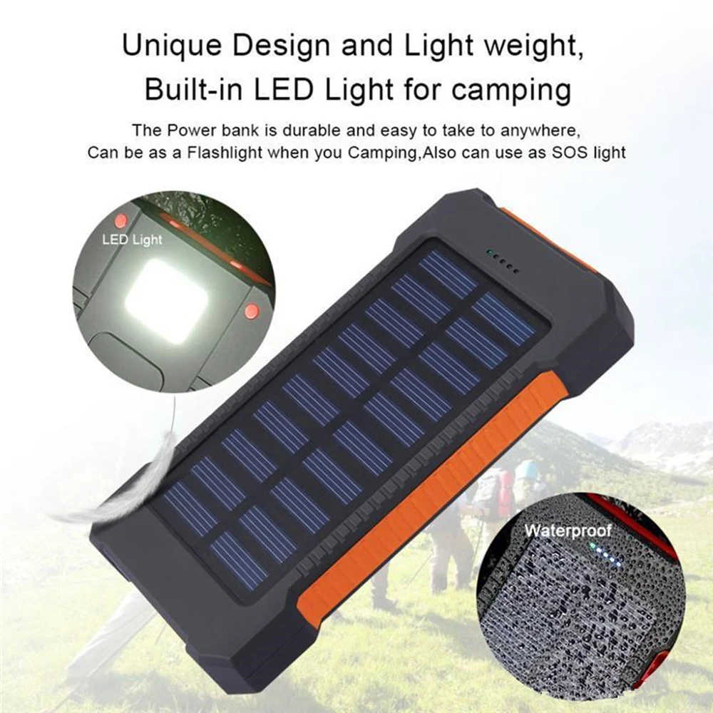 Solar Power Bank Waterproof 20000mAh Solar Charger 2 USB Ports External Charger mini Powerbank for iPhone - ANKUX.COM