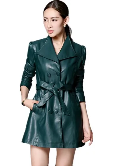 Hot-Selling 2015 Autumn Genuine leather Medium-long Slim Quality Women's leather Trench ,Plus Size Leather Coat M L XL 2XL 3XL