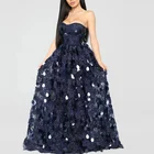 Strapless tube evening dress navy lace sequined gown dresses women