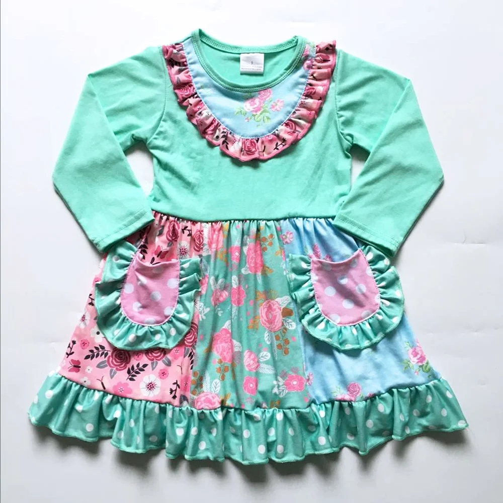New styles floral patchwork skirt long sleeve spring boutique pocket children girl dress, As picture
New styles floral patchwork skirt long sleeve spring boutique pocket children girl dress, As picture