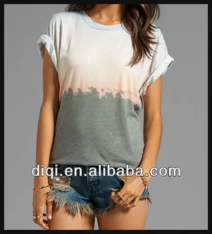 ladies rolled sleeve t-shirts with dip dye 2014 fashion style o neck tee t -shirts