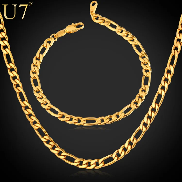 

U7 22inch 55CM 18k real gold filled Necklace bracelet set Figaro / cuban / snake chain , men gold plated jewelry sets,