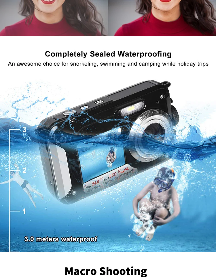 Underwater Digital Camera Full HD Dual Screen Action Camera Video Recorder Selfie Camera
