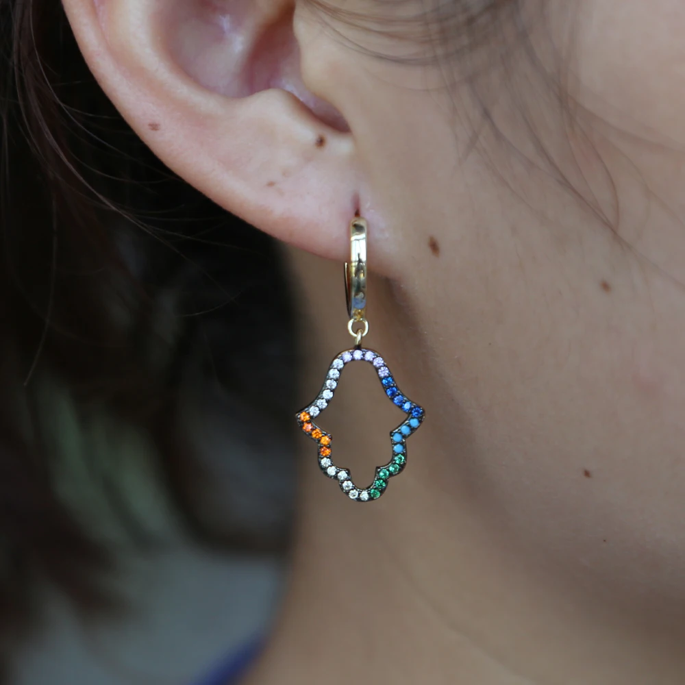 rainbow hamsa hand dangling earring Gold plated high quality colorful cz paved fatimas hand charm gold jewelry, Picture
rainbow hamsa hand dangling earring Gold plated high quality colorful cz paved fatimas hand charm gold jewelry, Picture