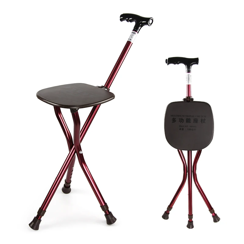 

Adjustable walking stick with chair seat folding crutch stool cane with led light, Red