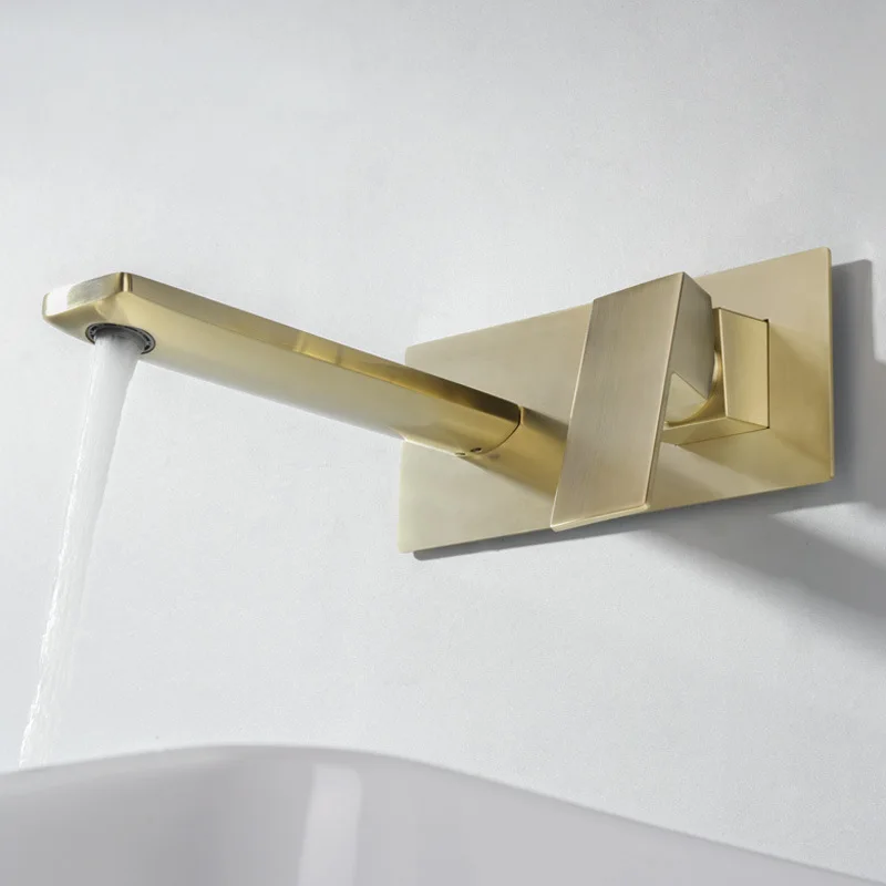 Single Handle Wall Mount Basin Mixer Taps Brushed Gold Faucets Bathroom