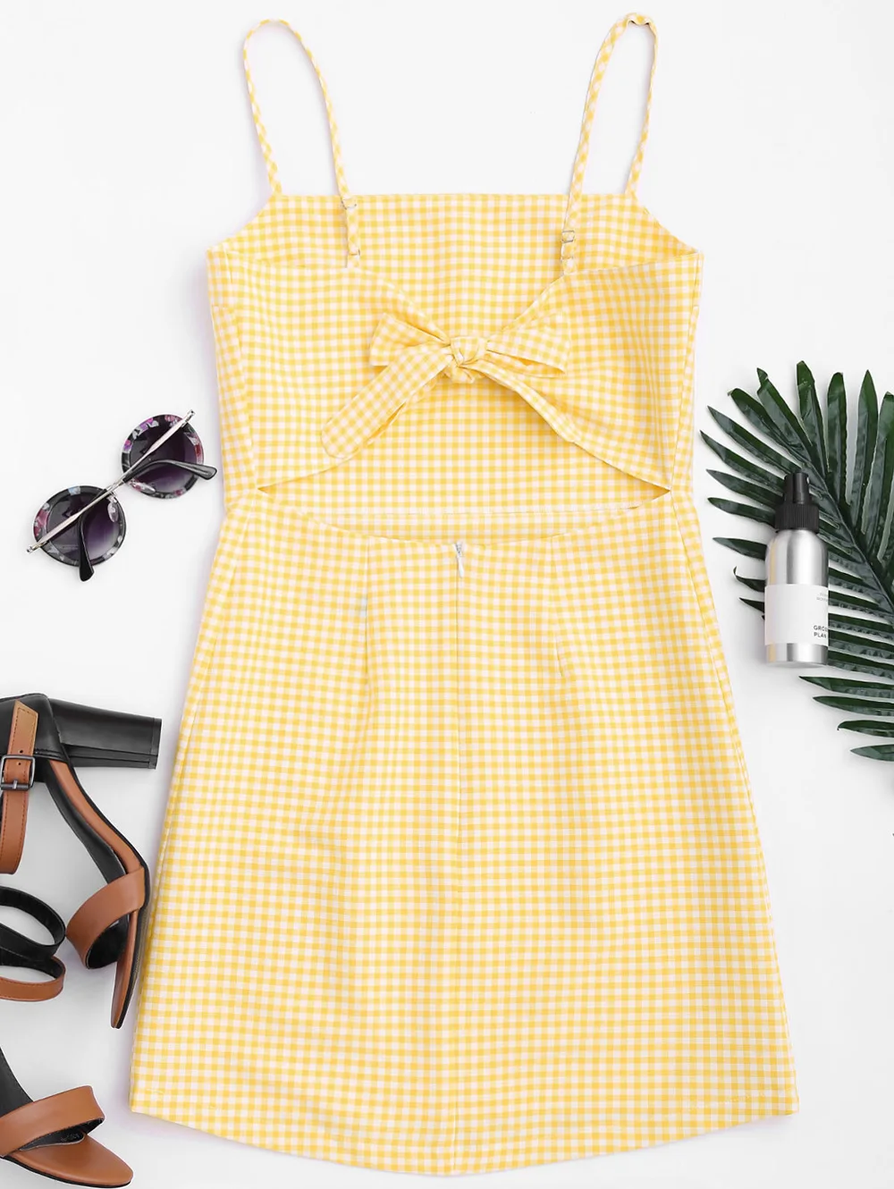 AZULINA Women Sexy Summer Beach Dress Cut Out Sleeveless Spaghetti Strap Sweet Plaid Bow Tie Back Mini Dress Sundress vestidos 2