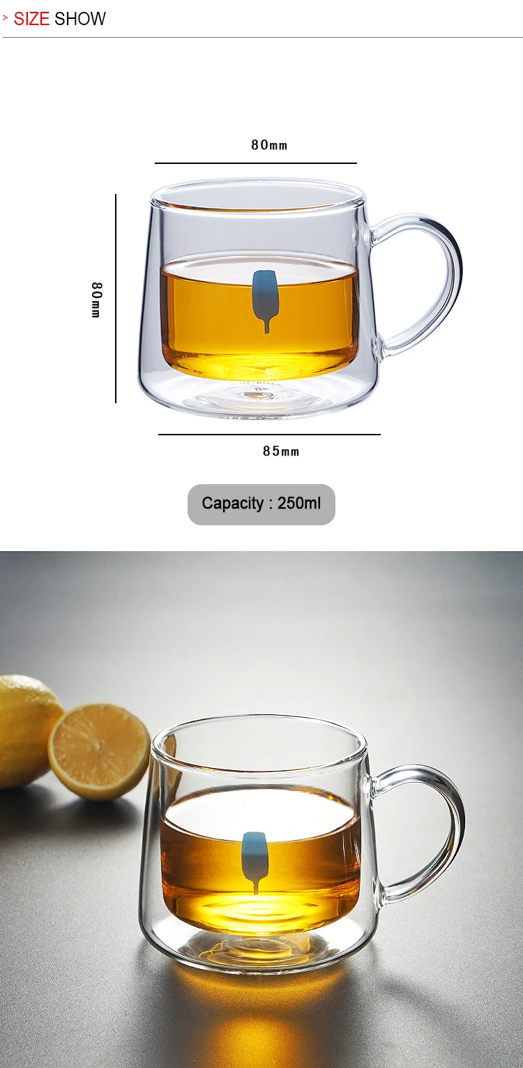 250ml Insulating Teacup Double Layer pyrex glass coffee mug with handle
