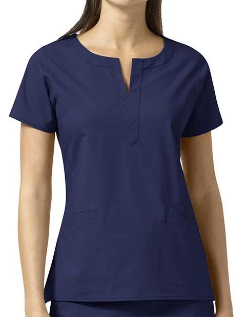 Venta caliente multi-Bolsillo cuello tejido azul médica uniforme de enfermera de las mujeres para el hospital