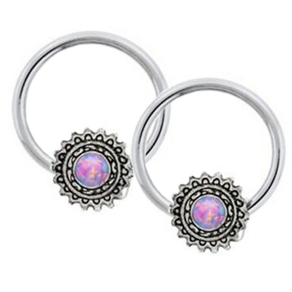 Synthetic Purple fire Opal Wheel Steam Punk Captive Lip Nose Ring Piercing