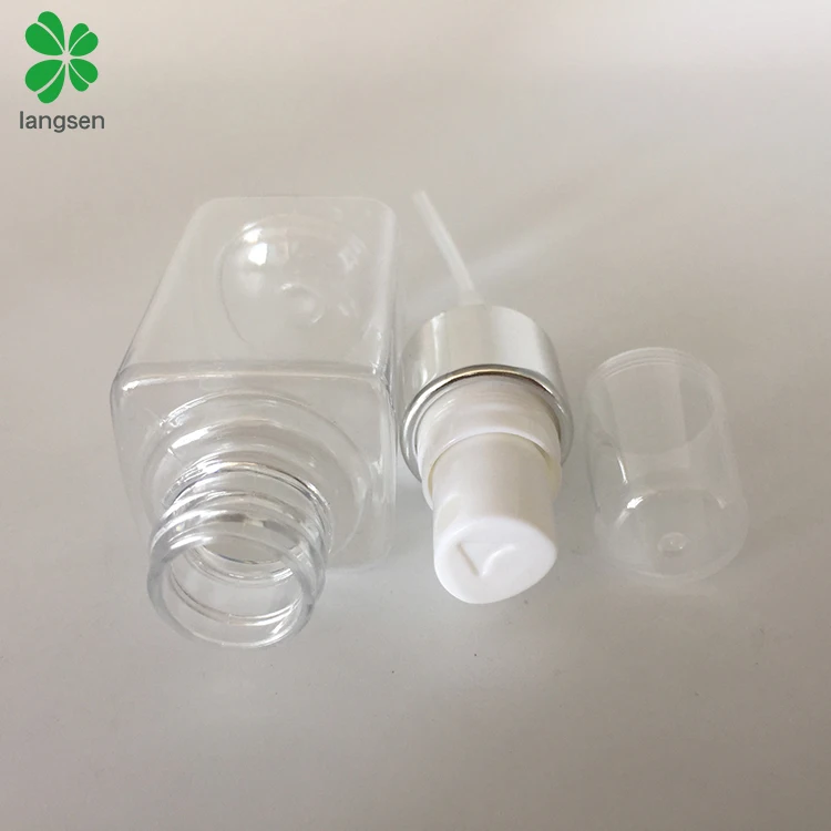 Refillable transparent plastic PET 40ml square perfume spray bottle with silver spray cover cap