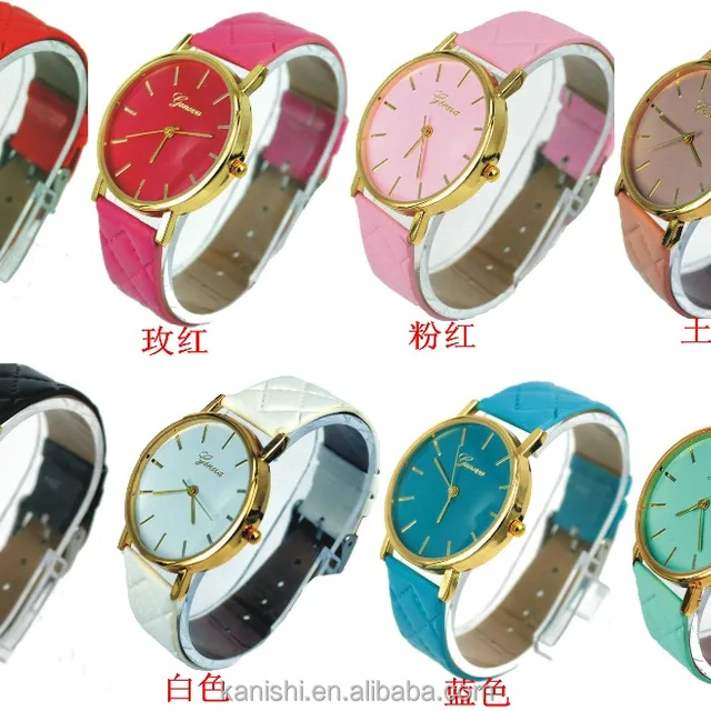hot sell candy colors ladies geneva quartz watch with leather
