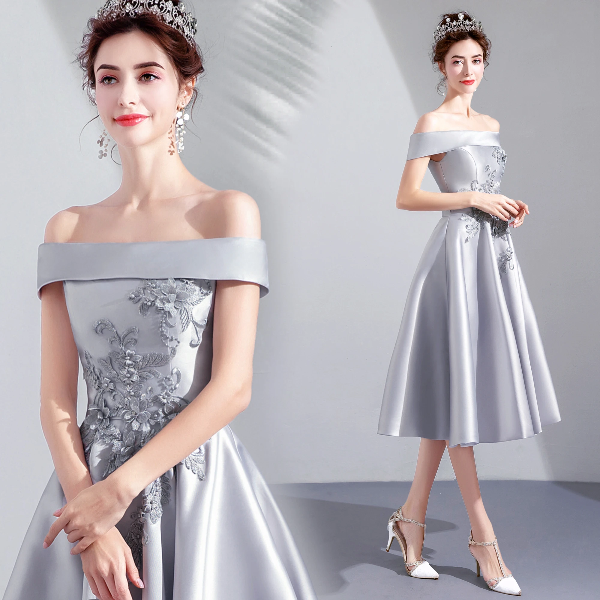 2019 New coming Elegant Silver Gray Flat Shoulder Evening Gowns Satin Knee Length Evening Party Dresses
2019 New coming Elegant Silver Gray Flat Shoulder Evening Gowns Satin Knee Length Evening Party Dresses