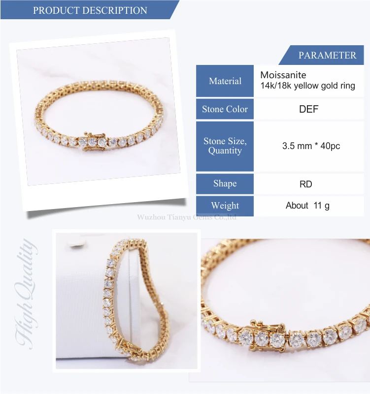 Tianyu gems Solid AU585/AU750 Yellow gold real fine hand make colorless white moissanite tennis bracelet 