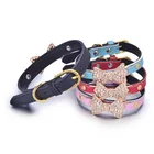 High Quality New Crystal Bow Leather Pet Collar Soft Leather Leash Leads Black Leather Dog Collar Factory Wholesale