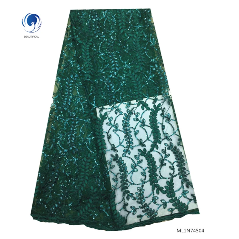 

Beautifical green lace fabrics french tulle nigerian sequins 5 yards lace new design 2019 french lace ML1N745, Can be customized