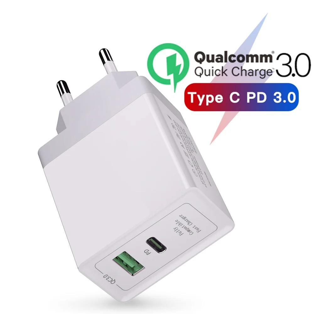

36W Quick Charge 3.0 USB Charger QC3.0 QC Type C PD Plug Turbo Fast Charging Wall Mobile Phone Charger For iPhone Xiaomi, White