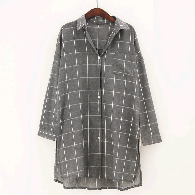 Plaid Shirt Women White Gray Navy Plaid Long Sleeve Shirts For Women Female Big Size Side Split Long Blouses Tops Fashion
