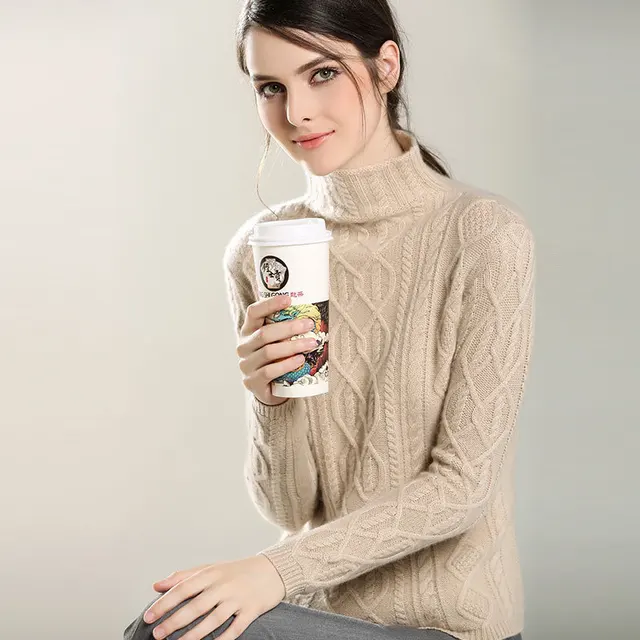 100% cashmere womens sweater crewneck cable knit long sleeve