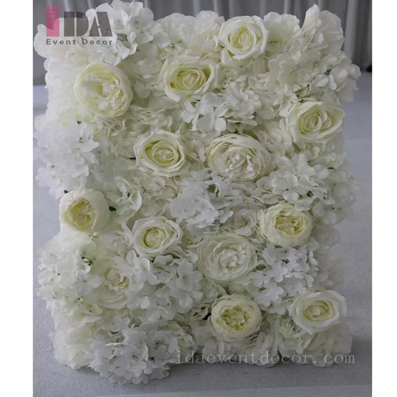 white artificial rose and hydrangea wedding flower wall backdrop for stage decoration