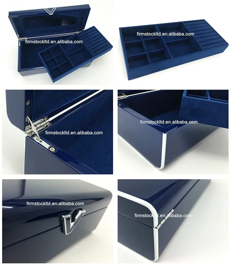 piano finish dark blue wooden jewelry box for ring bracelet