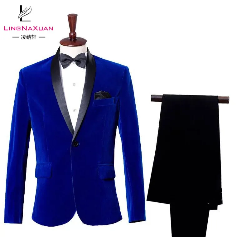 Синий бархат черный воротник брюки костюмы наборы Блейзер куртка для мужчин