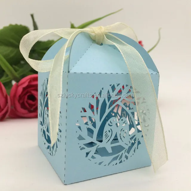 light blue love bird square laser cut paper wedding candy box