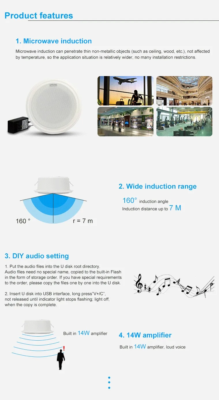 Microwave Motion Sensor Induction Ceiling Mount 14W MP3 Audio Amplifier Speaker - ANKUX.COM