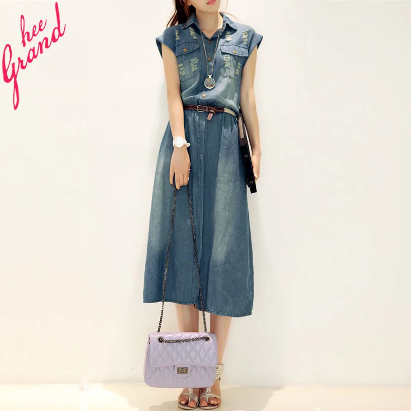 2015 New Arrival Women Summer Dress Casual Turn-down Collar Short-sleeve Denim Mid-calf Dresses Plus Size Vestidos WQS495