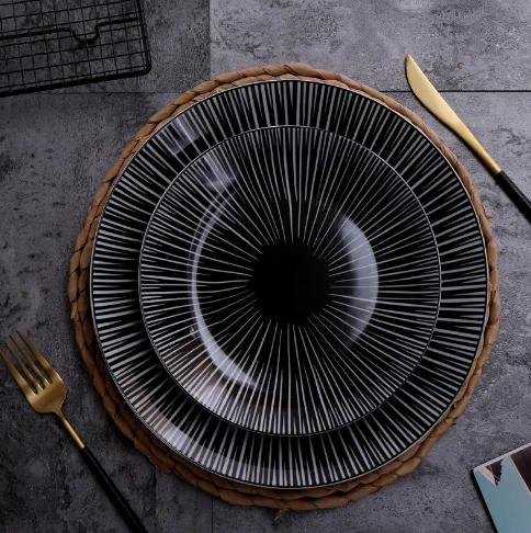 Еўрапейскі стыль чорная керамічная пласціна для вячэры Залаты абадок паўночны рэстаран талер1 12