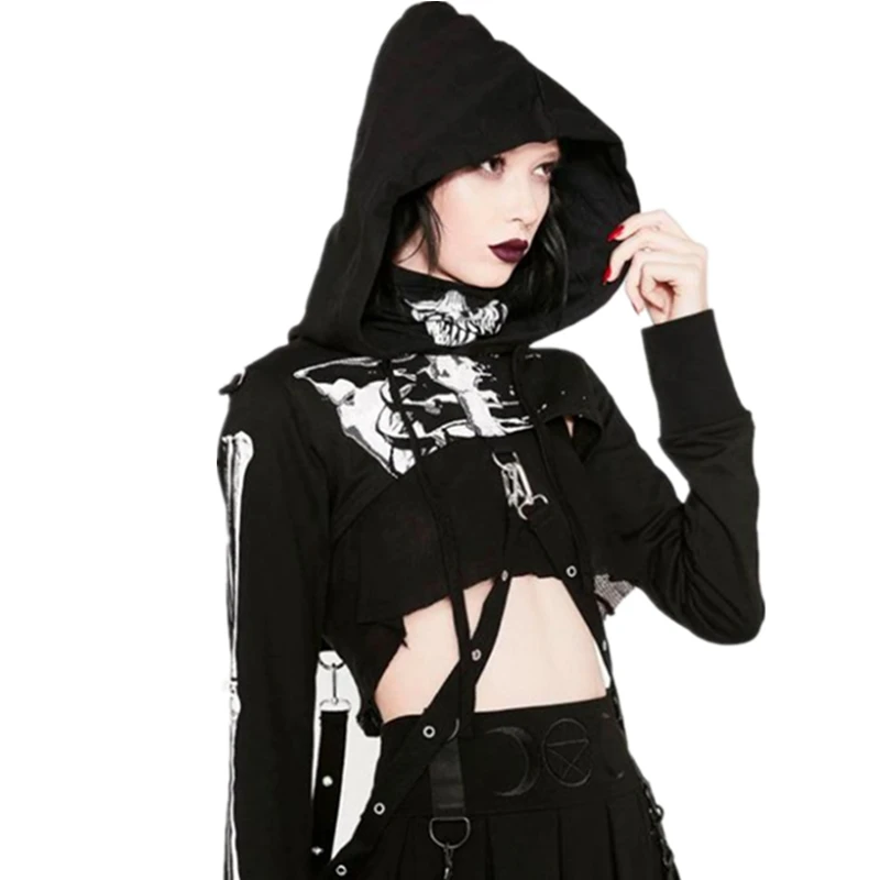 Skull Printing Cool Girl Dark-black Style Clothes Women Cropped Hooded Sweatshirts with Ribbon 
Skull Printing Cool Girl Dark-black Style Clothes Women Cropped Hooded Sweatshirts with Ribbon