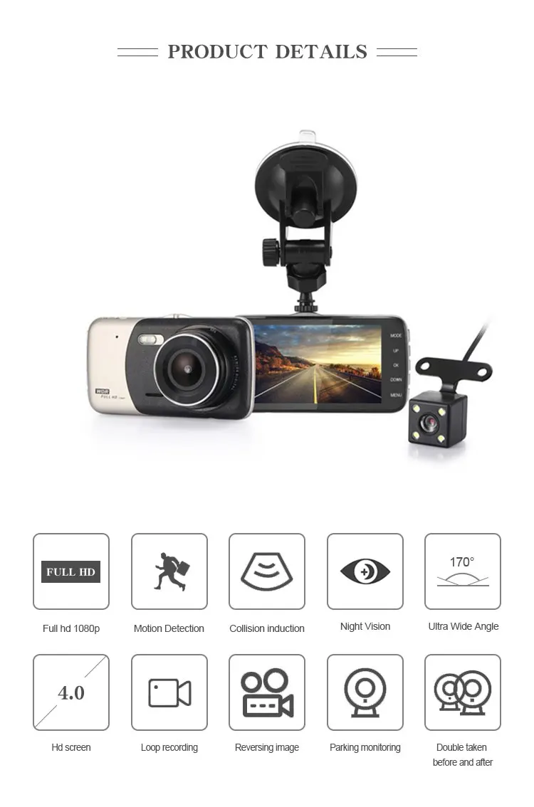 Display 4 Inch Double Camera Night Vision Dash Camera 170 Wide Angle Camera Car Dvr