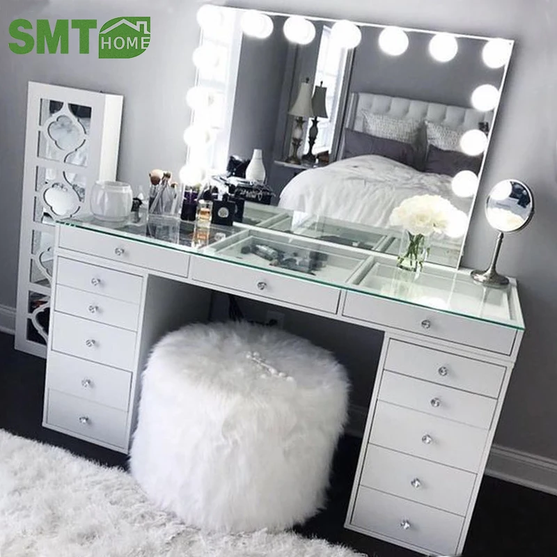 

joysource Home furniture wooden dressing table makeup designs mirror with drawer set modern white mesa muebles