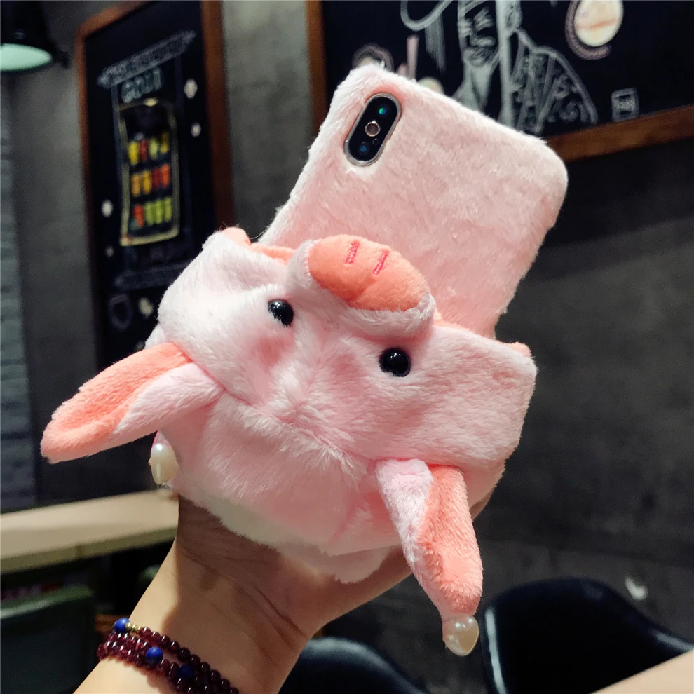 YEMIAO Pig Dog Hat Fur Case For iPhone X 6 6S 7 8 Plus Girl Style Winter Warm Cute Cover For iPhone X 10 6 6S 7 8 Plus Accessory (2)