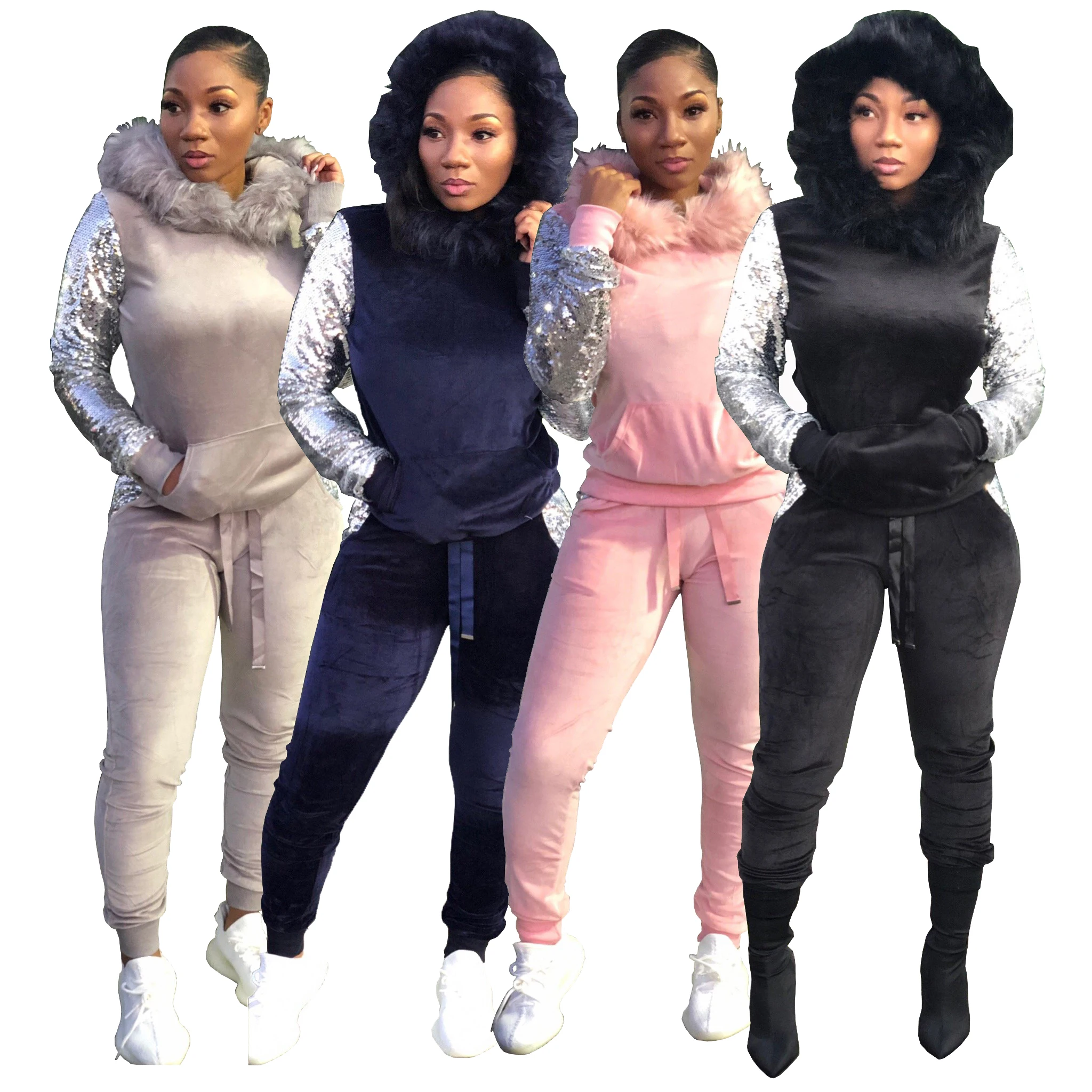 Hot sale Women Sequins Sleeves Velvet Patchwork Pullover Hoodies and long pants tracksuits 2 piece jumpsuits
Hot sale Women Sequins Sleeves Velvet Patchwork Pullover Hoodies and long pants tracksuits 2 piece jumpsuits