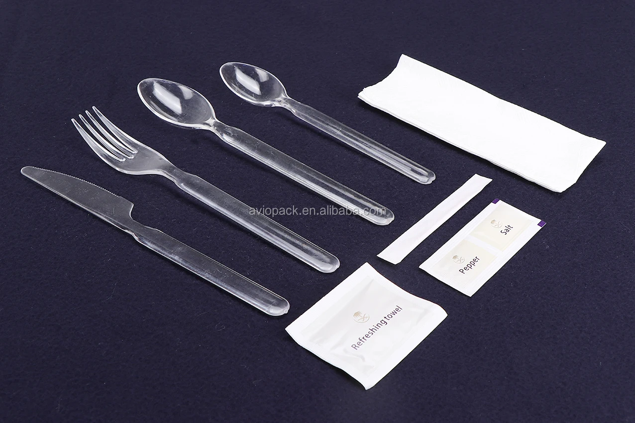 Transparent plastic cutlery set with napkin/salt&pepper sachet/wet napkin/toothpick