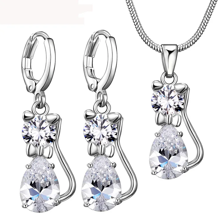 Cute cat shape zircon necklace earrings jewelry set